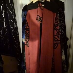 Red and Black Hooded Cloak with Celtic Design